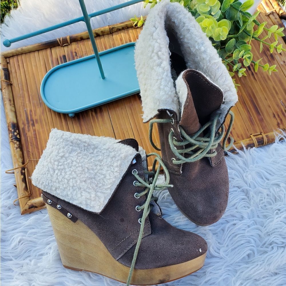 Naughty Monkey Taupe Suede Round Toe  Leather Fleece Foldover Wedge Heel Boots